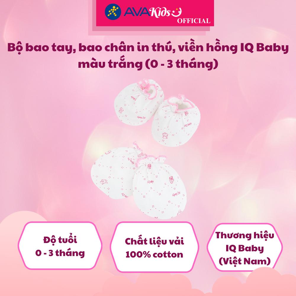 Bộ bao tay, bao chân in thú, viền hồng IQ Baby màu trắng (0 - 3 tháng) - Hàng Chính Hãng