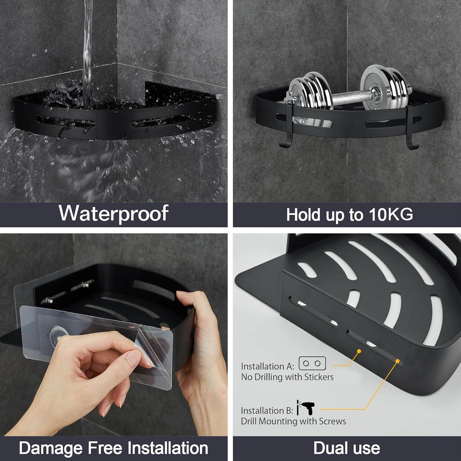 Góc kệ phòng tắm mà không cần khoan bằng nhôm hàng không với 2 móc để chống vòi hoa sen hỗ trợ cho 2 phòng