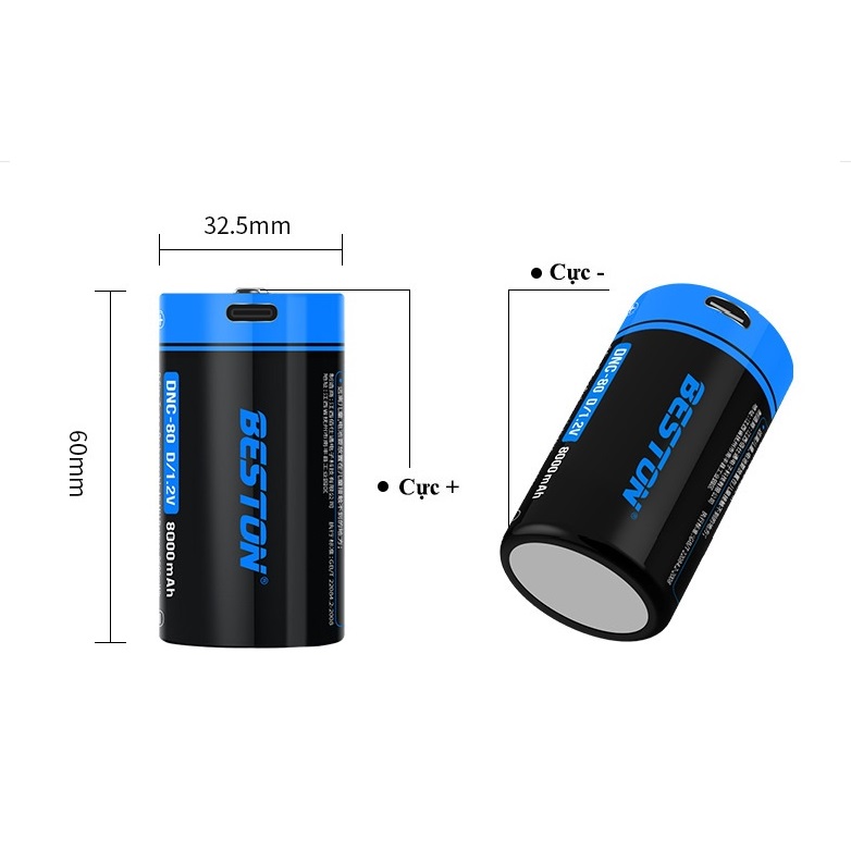 Combo 2 Pin D sạc cỡ đại Beston DNC-80 1.2v 8000mAh cổng sạc USB Type-C Pin Sạc Cho Bếp Ga, Đèn Pin, Thiết Bị Công Nghiệp