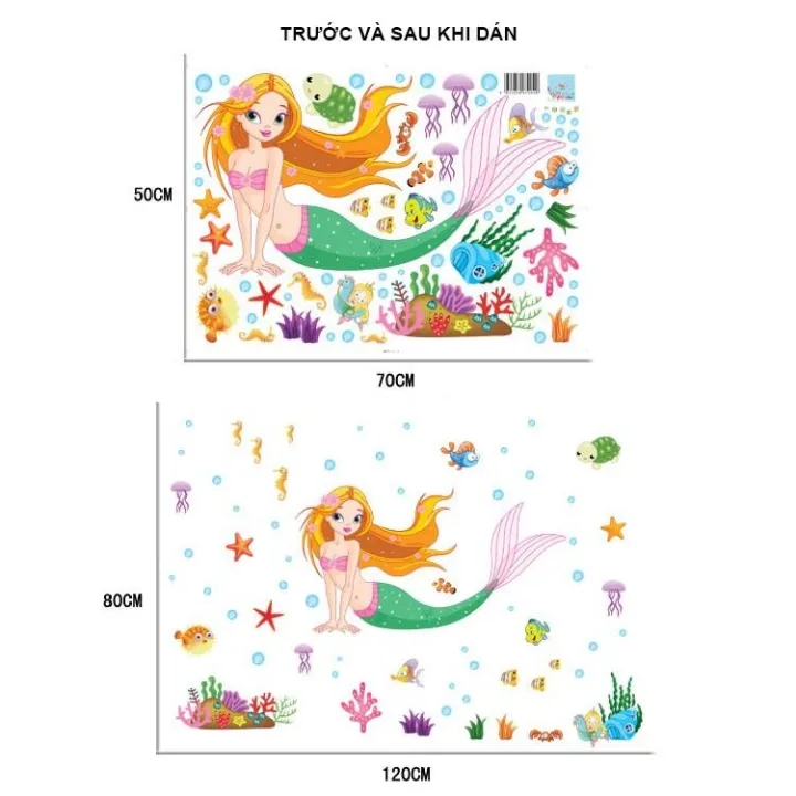 Decal dán tường nàng tiên cá và chân tường cá voi - HP158