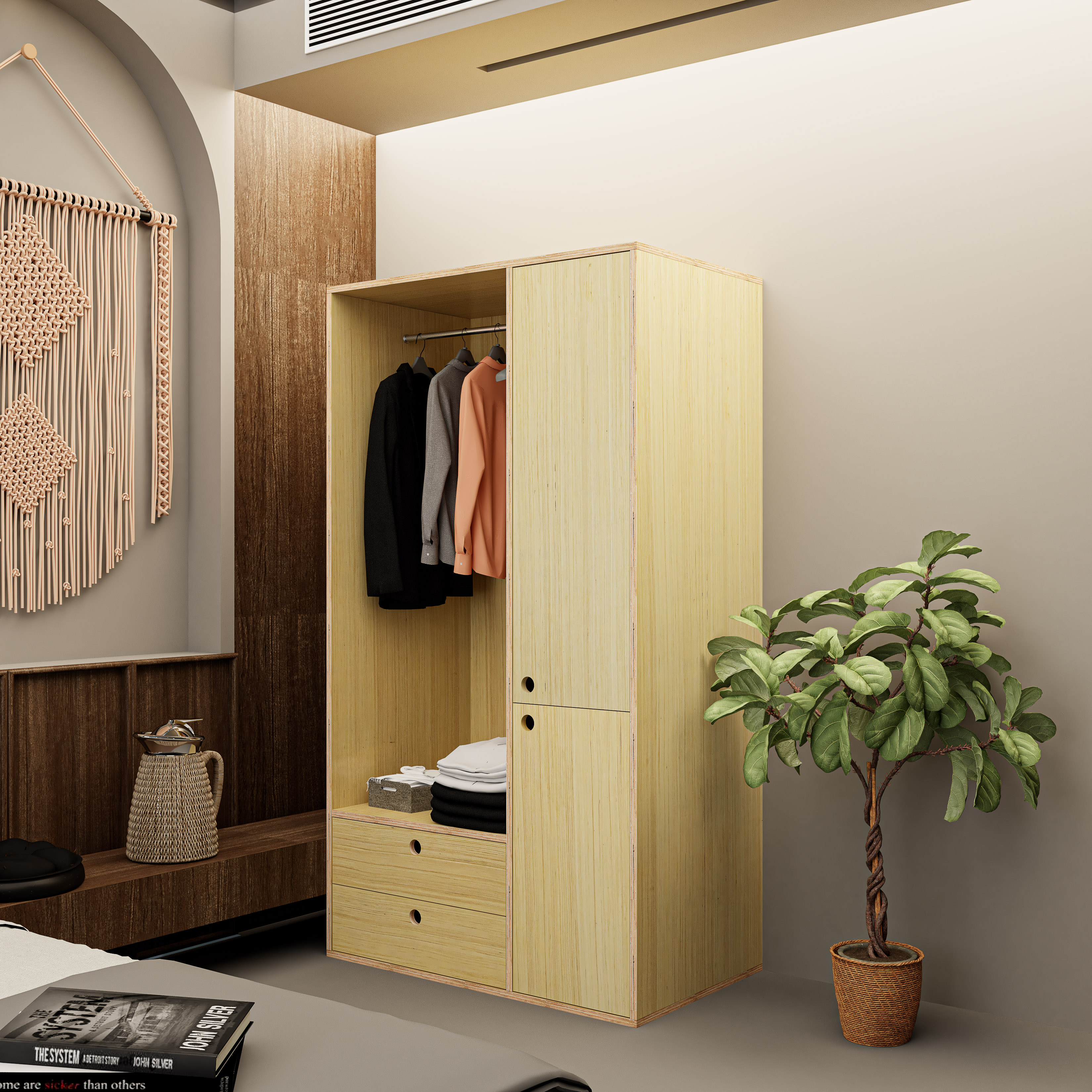 HAPPY FURNITURE , Gỗ tự nhiên , Tủ quần áo 2 cửa mở gỗ Plywood - SANARI , TCM_202 , 100cm x 59cm x 180cm DxRxC