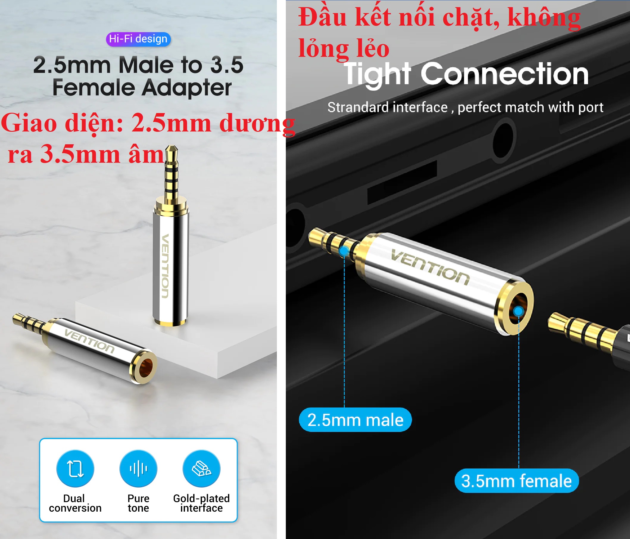 3.5mm Adapter Đầu chuyển Audio 2.5 male ra 3.5 female Vention VAB-S02 / BFB màu ngẫu nhiên _ Hàng chính hãng