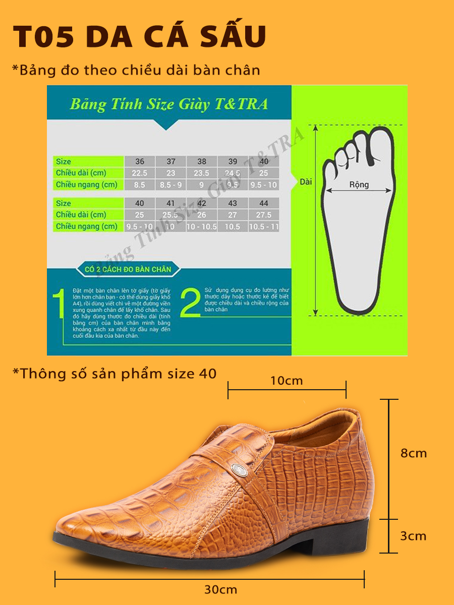 Giày Độn Nam T&TRA Tăng Cao 6Cm- T05 Cá Sấu Nâu Sáng - Chất Liệu Da Bò Cao Cấp, Đế Cao Su Đúc, Phần Tăng Cao Ẩn Bên Trong