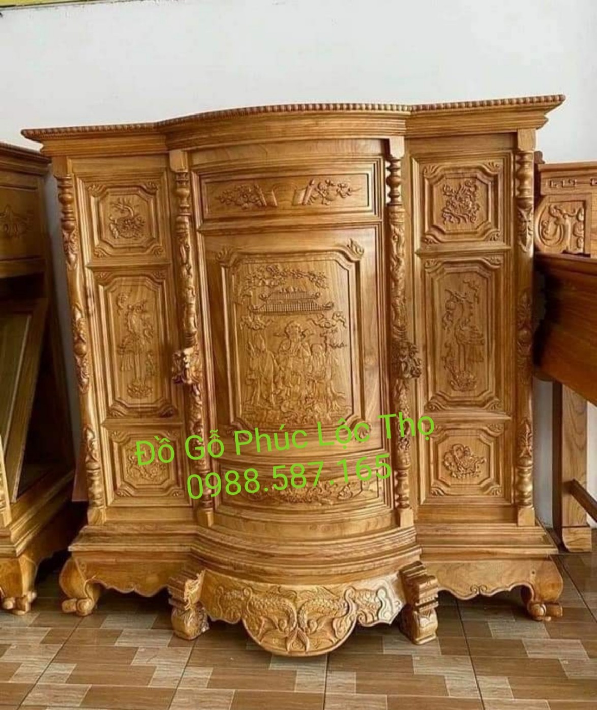 Tủ thờ gia tiên gỗ gõ đỏ bụng phệ chạm tứ linh Phúc Lộc Thọ ngang 1m8