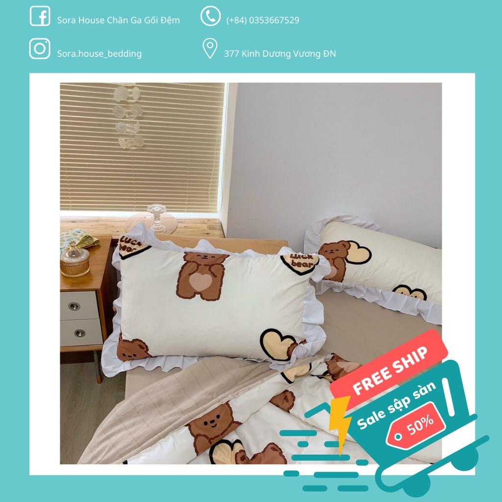 Bộ Chăn Ga Gối Cotton Đũi Bèo Chăn Chần Gấu Nâu