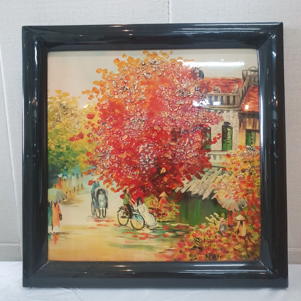 Tranh sơn mài phố cổ vẽ màu cẩn trứng đẹp Thanh Bình Lê, hàng xuất khẩu 30x30 cm