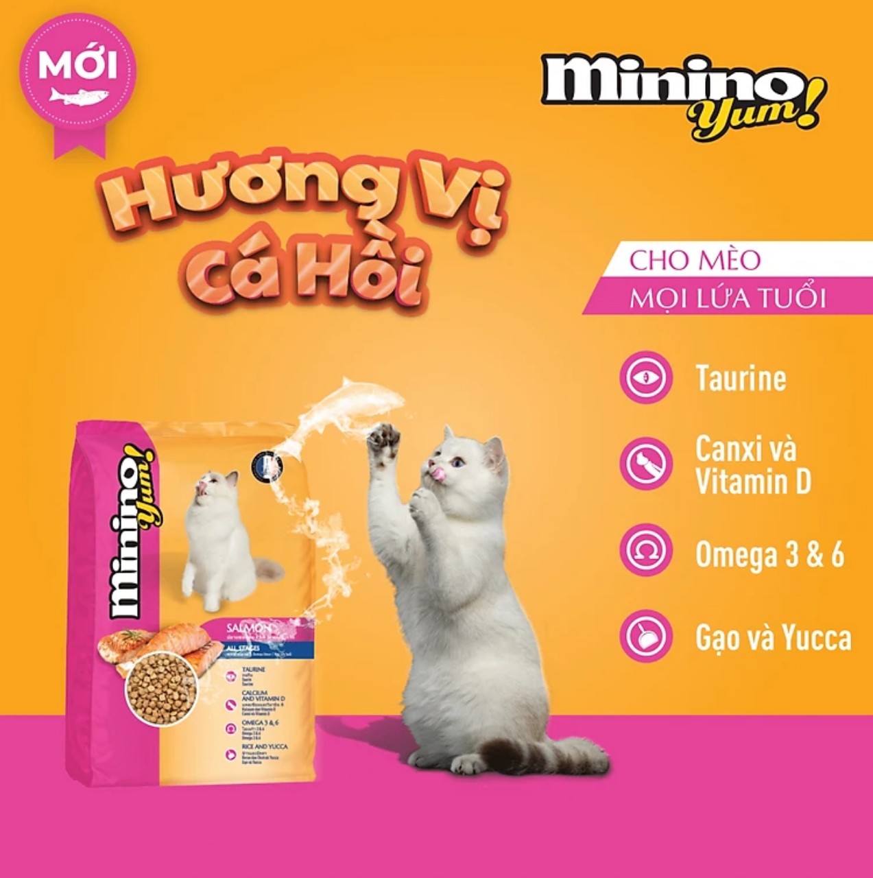 [Siêu Sale] COMBO 5 gói thức ăn mèo Minino Yum Salmon cho mọi lứa tuổi vị cá hồi - Minino Yum Salmon gói 350g
