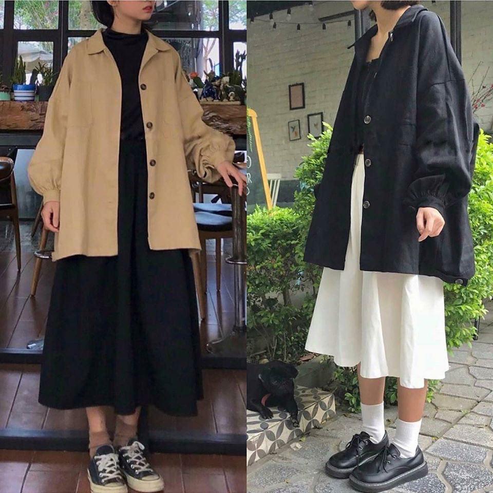 Áo Khoác Unisex KaKi Dáng Dài, Cúc Cài, Tay Trơn Phồng