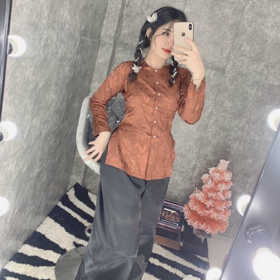 (GẤM BÀ BA cổ tròn S=2 QUẦN và ÁO BÁN RIÊNG) Bộ quần áo Phật tử, đồ lam đi chùa mẫu nữ vải gấm mã LH - Áo vàng đậm (Ko quần