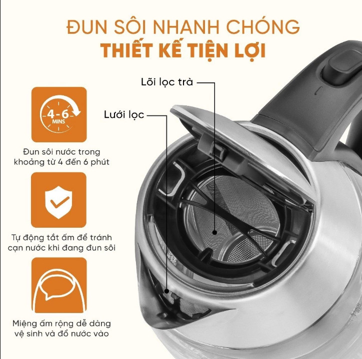 Ấm Siêu Tốc Thủy Tinh Cao Cấp 1,8L Lebenlang LBLB2226 (Model New) Kèm Lõi Lọc Trà, 2200W, Hàng Chính hãng