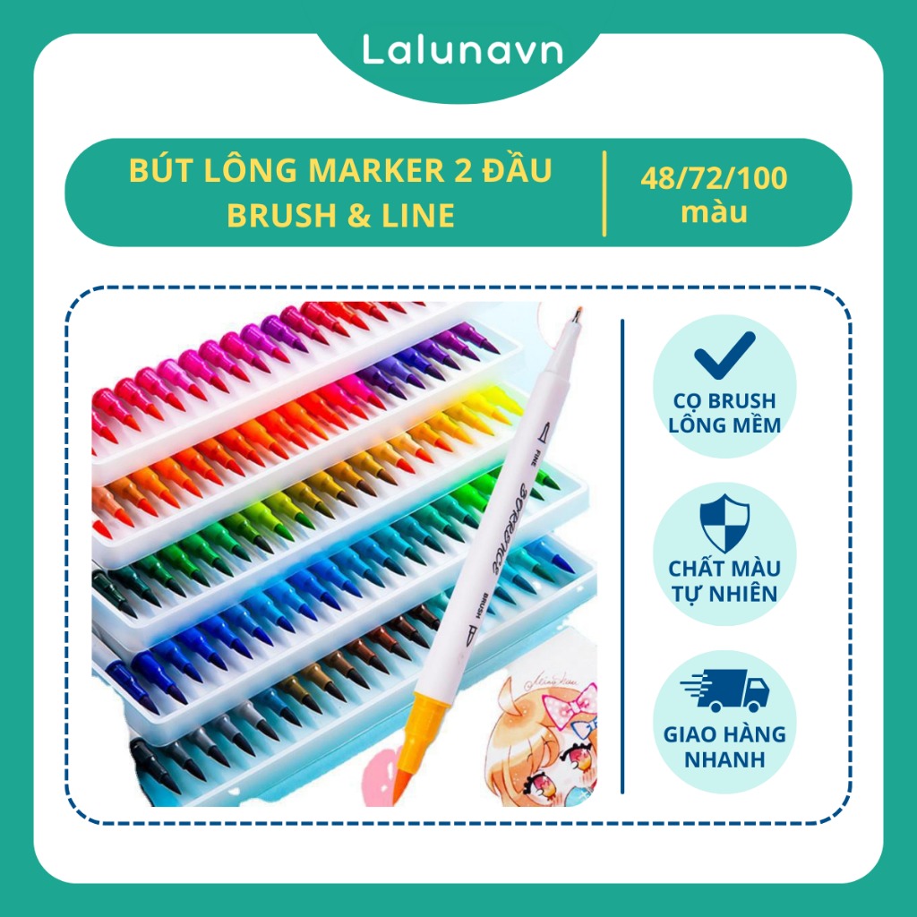 Bút lông marker 2 đầu brush dùng để vẽ, tô màu, Sketch hoặc viết calligraphy-set 48/80/100 màu