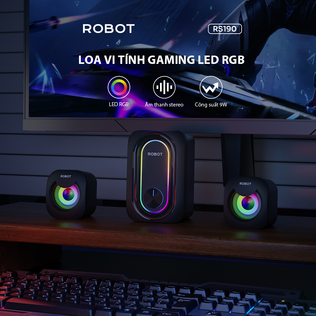 Loa Vi Tính Gaming Để Bàn ROBOT Đèn LED RGB Âm thanh Stereo Công suất 9W RS190 BH 12 tháng HÀNG CHÍNH HÃNG