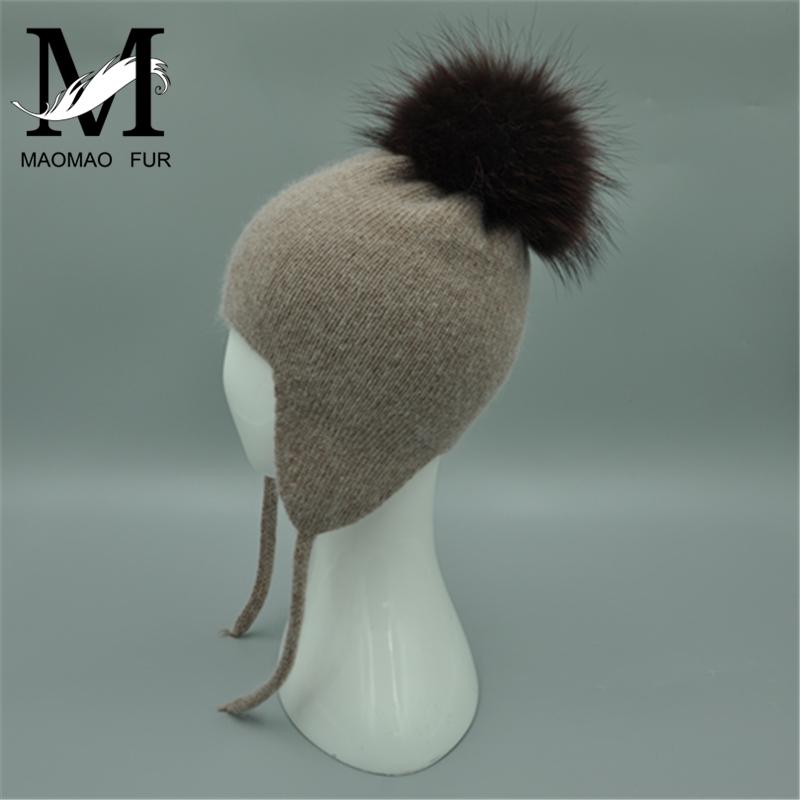 Nón Trẻ Em Trẻ Em Dễ Thương Ấm Beanies Bảo Vệ Tai Nón Mùa Thu Đông Bé Trai Bé Gái Angora Đan Nón Cho Bé Thật Lông Thú bóng Unisex Nắp
