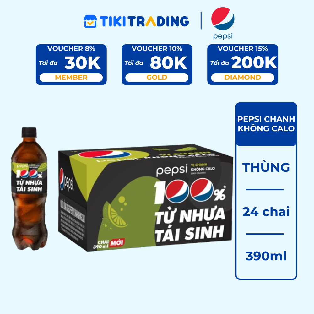 Thùng 24 Chai Nước Ngọt Có Gas Pepsi vị chanh không calo 390ml Chai