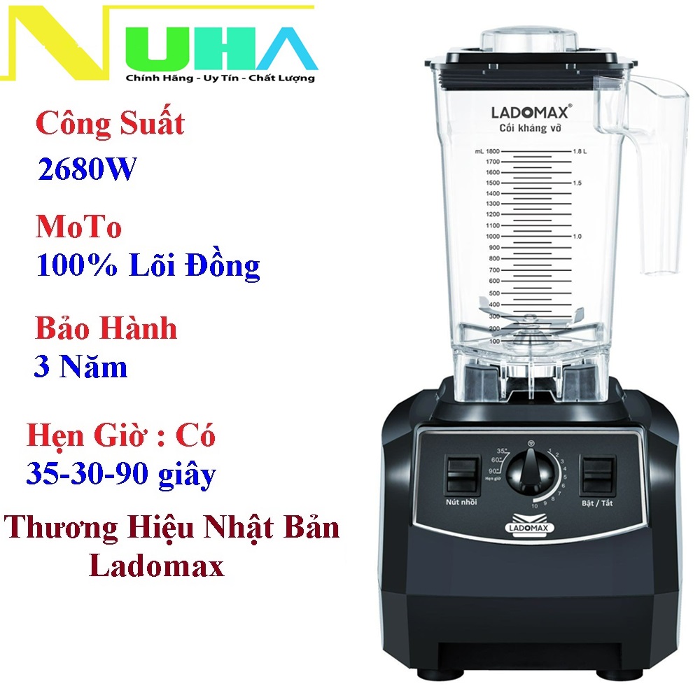 Máy xay sinh tố công nghiệp phá đá tốt 2680W Ladomax cối nhựa kháng vỡ 1.8L, dùng cho quán sinh tố, cửa hàng-Hàng chính hãng