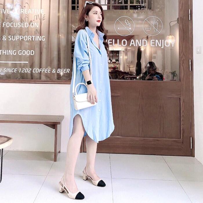 Đầm sơ mi đũi dáng suông trẻ trung, thời trang trẻ, phong cách Hàn Quốc