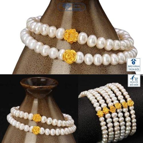 Vòng tay ngọc hạt trai mix charm hoa hồng vàng phong thủy may mắn 24k, Anchi jewelry