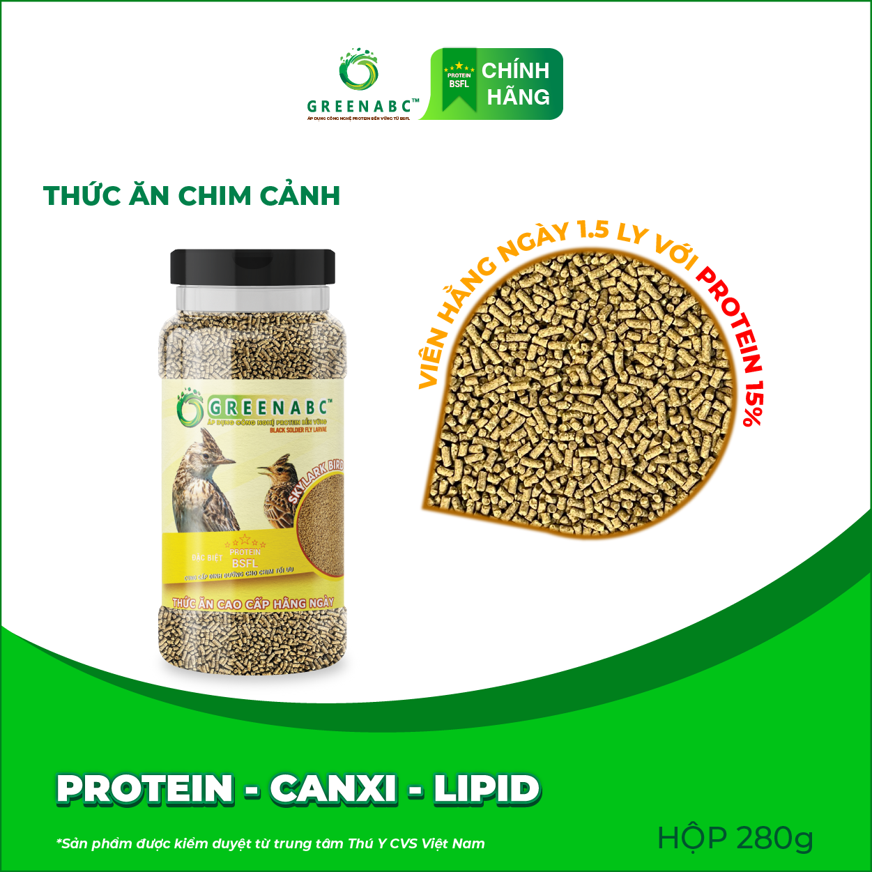 Cám Chim Sơn Ca GREENABC – Chim dưỡng dùng loại hằng ngày, cho chim mượt lông, phong dộ dùng loại bổ sung – Hộp 280g