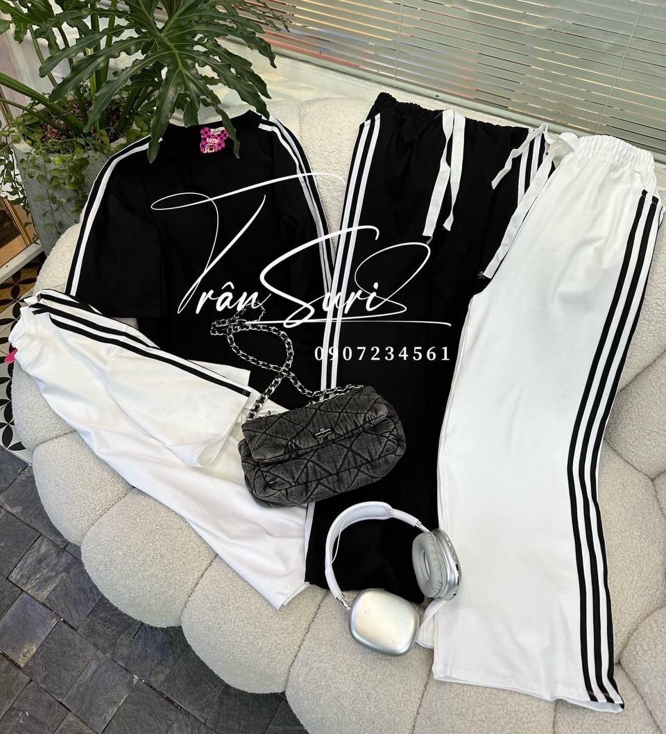 ĐỒ BỘ SET QUẦN THUN THỂ THAO DÀI ỐNG RỘNG LƯNG CAO ĐEN TRẮNG + ÁO SUÔNG TAY NGẮN ĐI BIỂN DẠO PHỐ ĐI CHƠI ĐI TIỆC