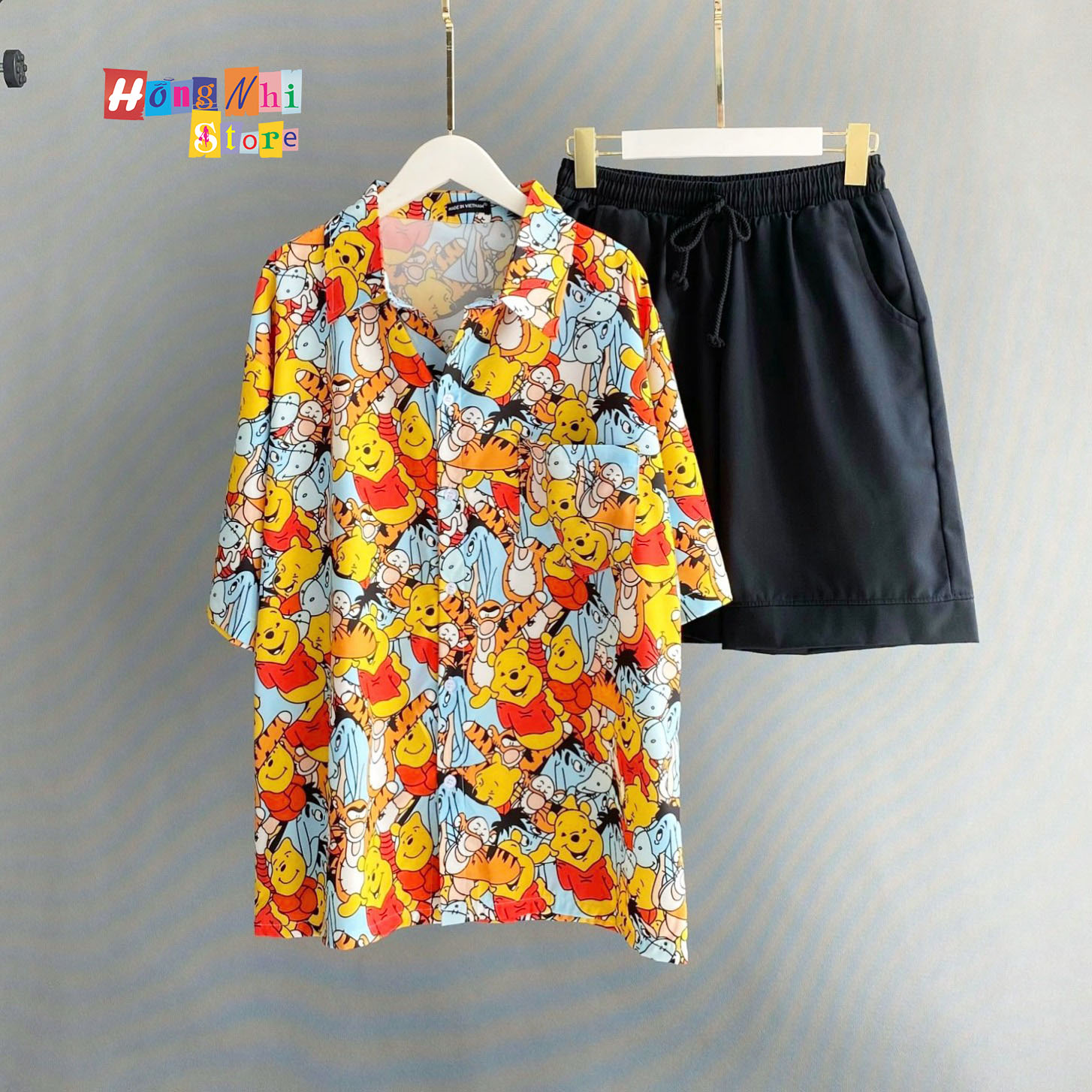 Áo Sơ Mi Hoạ Tiết Đi Biển Gấu Pooh Hoạt Hình Tay Lỡ Dáng Rộng Ulzzang Unisex - MM