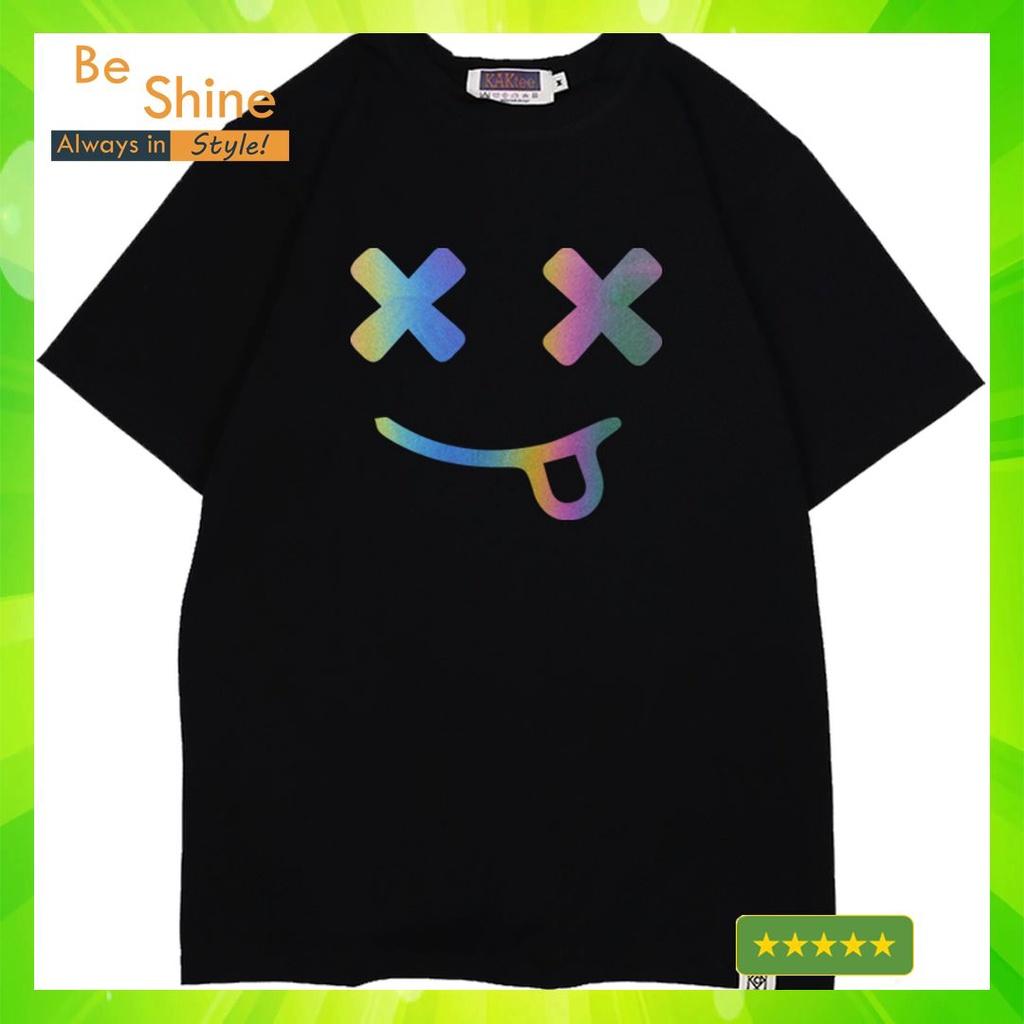 Áo Thun Unisex Form Rộng Hình Icon Lè Lưỡi Phản Quang Bảy Màu , Áo Phông Basic Cotton Cổ Tròn Tay Ngắn Thời Trang Nam Nữ