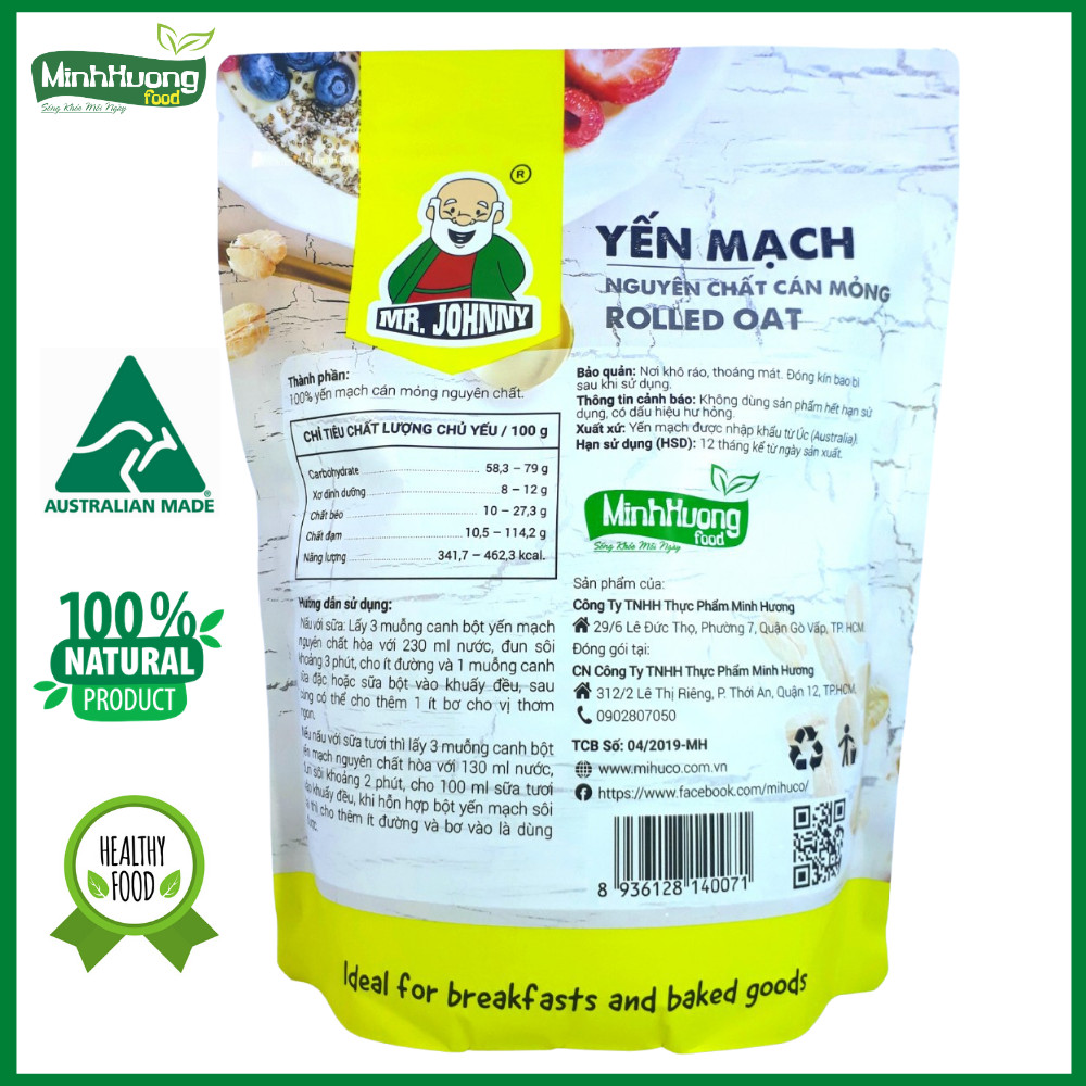 Combo 5 Bịch Yến Mạch Úc Tươi Mr Johnny 500g - Cho người ăn kiêng, giảm cân - Cán mỏng - Rolled Oat