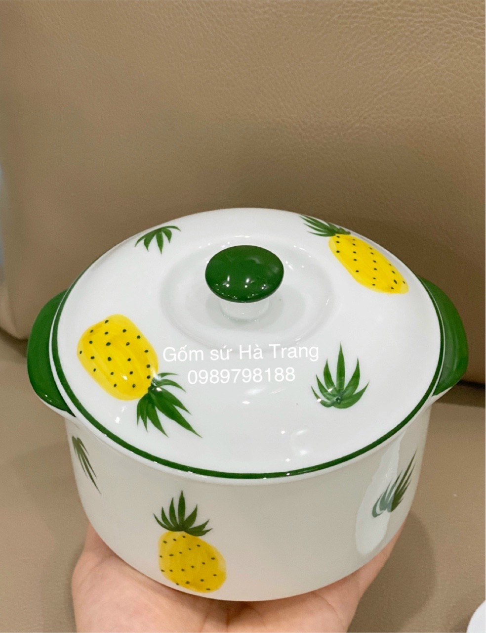 Bộ thố chưng yến gốm sứ Bát Tràng cao cấp men trắng vẽ dứa dung tích 600ml có thìa như hình