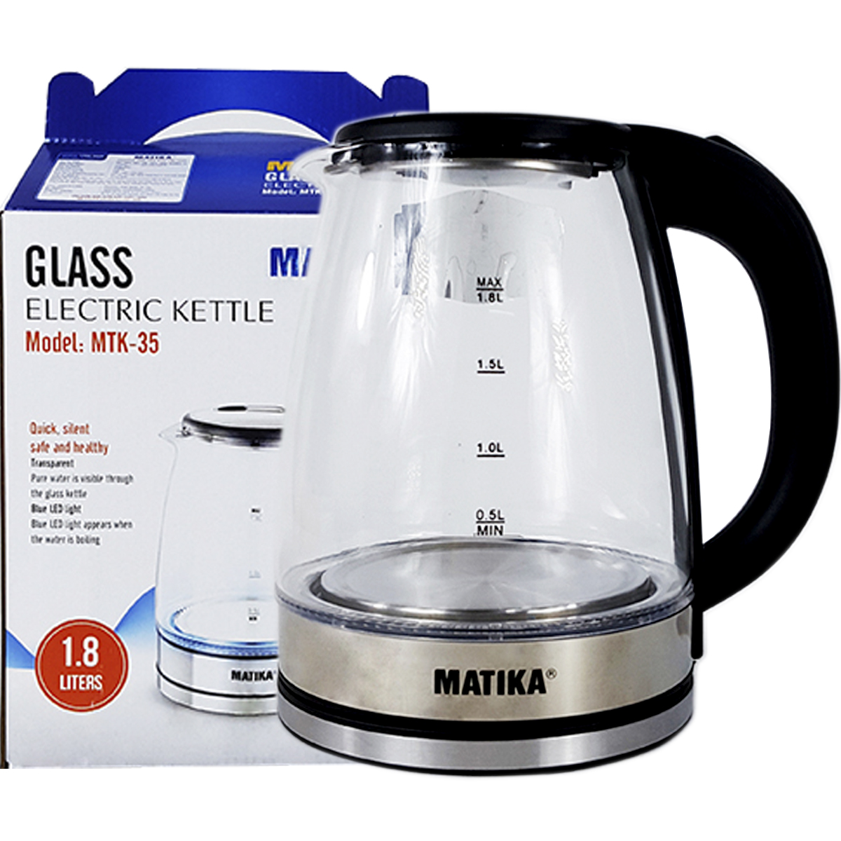 Ấm Siêu Tốc Thủy Tinh 1.8L Matika MTK-35 Công Suất 1800W Thiết Kế Hiện Đại Trong Suốt Đun Nước Siêu Nhanh Có Đèn Led Khi Sôi-Hàng Chính Hãng