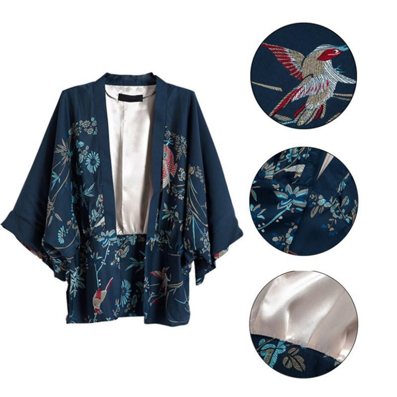 Áo khoác kimono tay lỡ in hình chim phượng hoàng