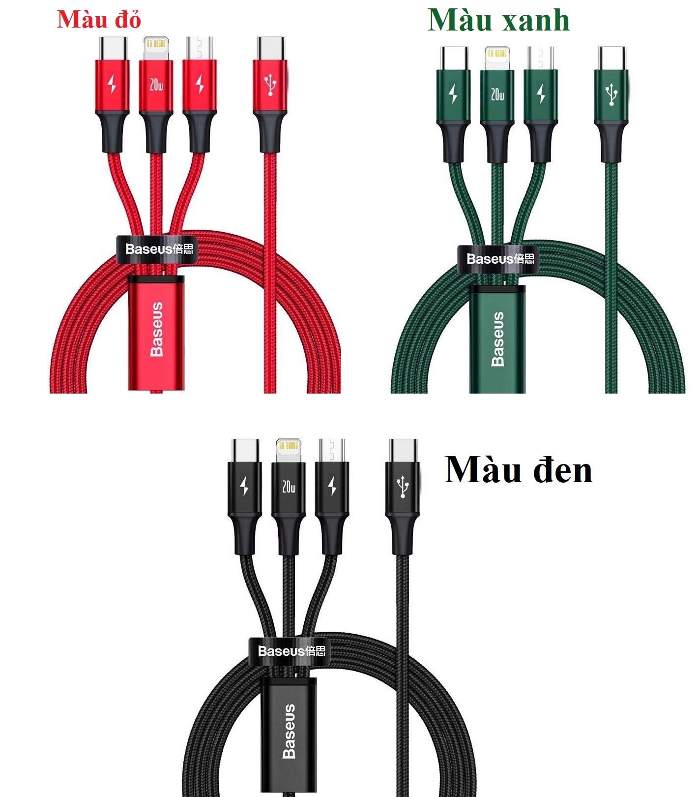 Hình ảnh Cáp sạc 3 đầu đa năng 20W Type-C to M+i+C Baseus 3-In-1 Rapid Series CAMLT-SC01 - Hàng chính hãng