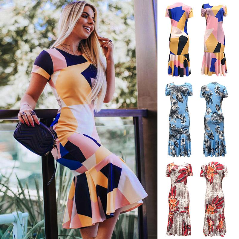 Women Ruffles Dress Floral Contrast Color Block Print Short Sleeves Mermaid Vintage Casual Midi Dress