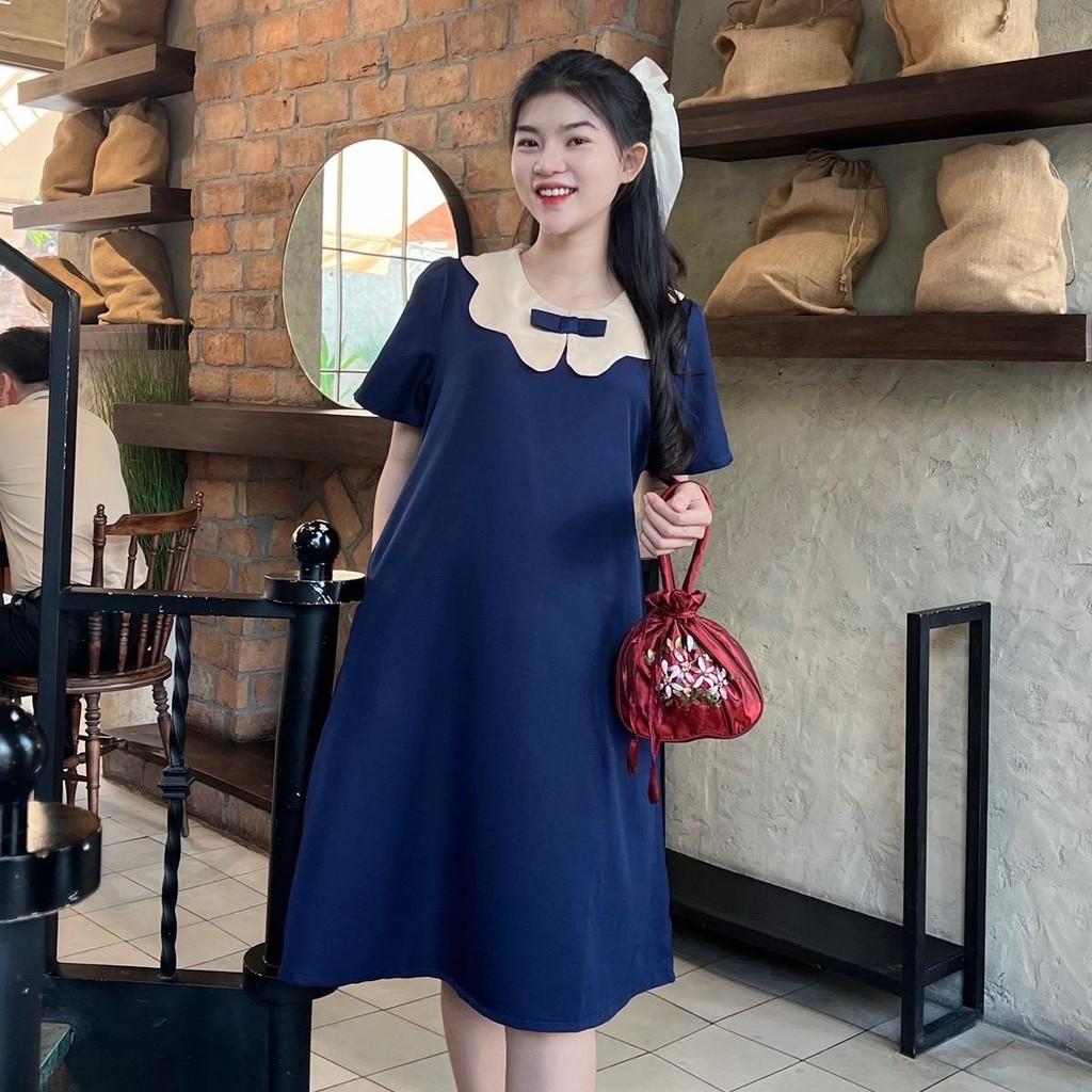 Đầm bầu công sở cổ sen phối nơ chất cotton lạnh phom suông gọn dáng thanh lịch - Xanh đậu
