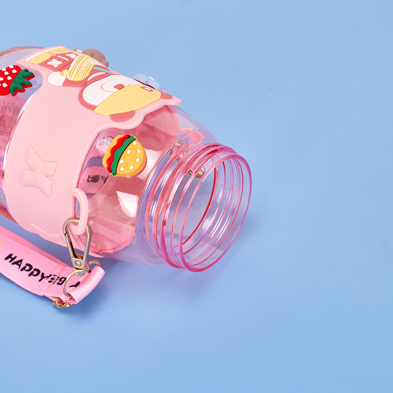 Bình nước kèm ống hút gấu Bear trong xịn xò kèm dây đeo kèm sticker 600ml