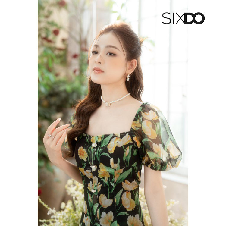 Đầm hoa midi cổ vuông tay bồng thời trang SIXDO-Z
