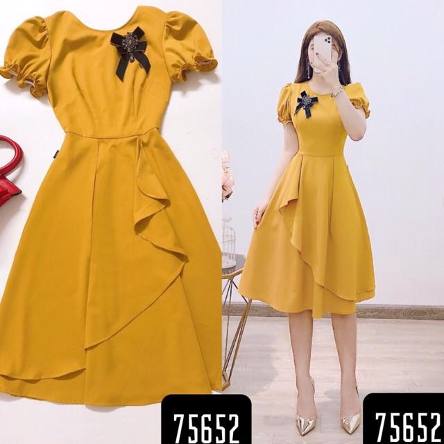 Đầm xoè Vàng tay phồng kèm hoa cài phụ kiện ( Size M/L/XL/2XL đến 69kg ) MMR