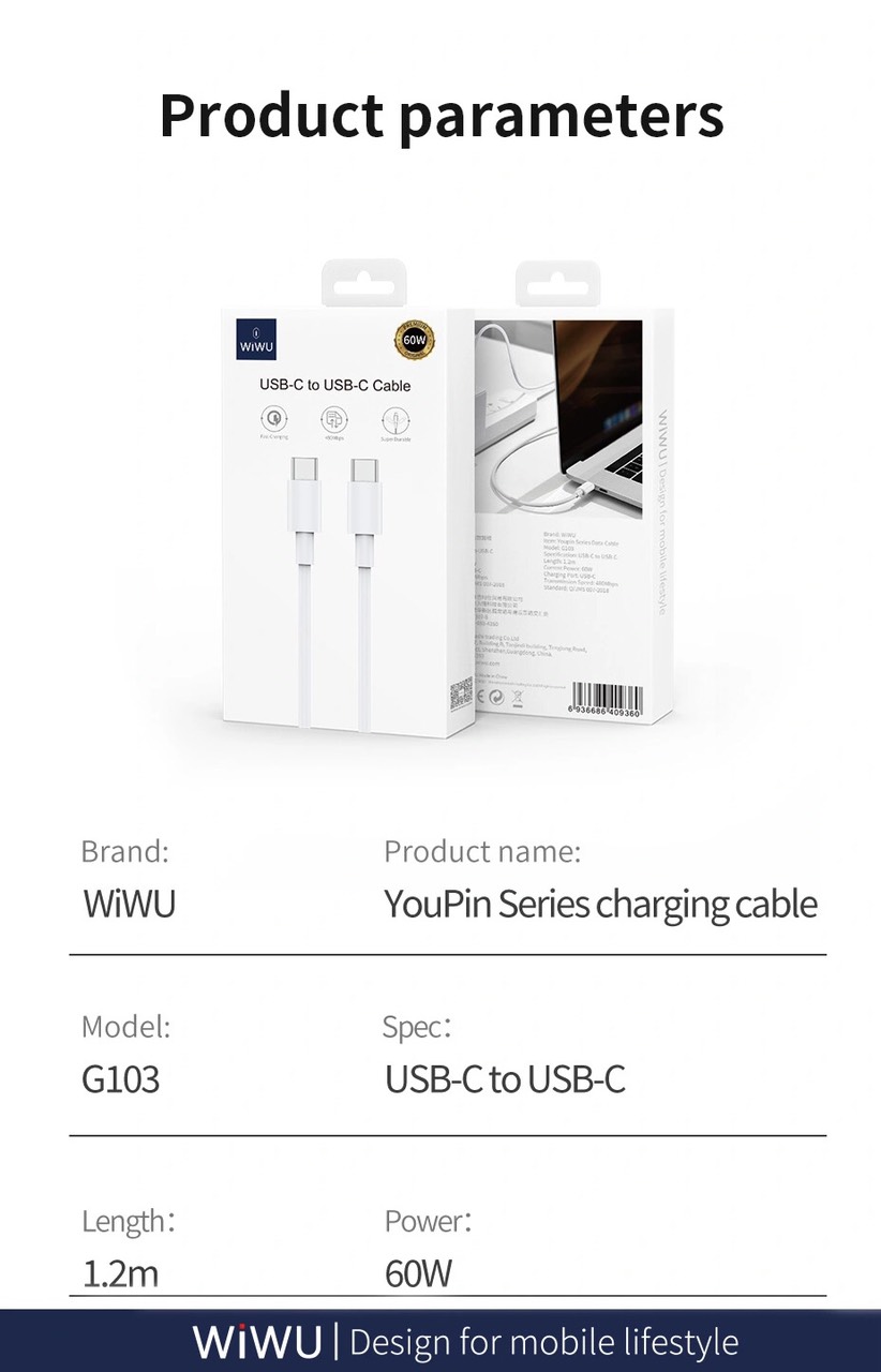 Cáp Sạc nhanh Wiwu Youpin Series G103 USB C sang Type C 60W kết nối các thiết bị hỗ trợ USB Type, truyền dữ liệu tốc độ cao - Hàng chính hãng