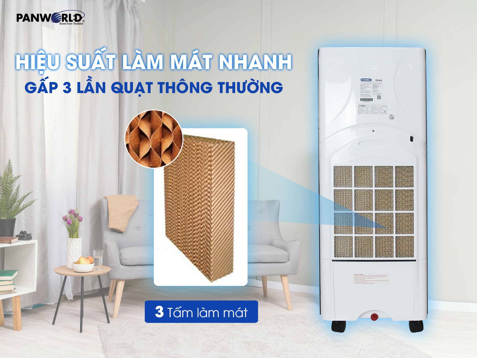 Máy làm mát không khí bằng hơi nước PW-026 Thái Lan công suất 170W bình nước 17 lít - Hàng chính hãng