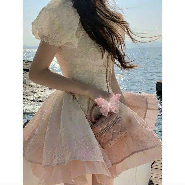 ĐẦM GẤM LOANG PHỐI TƠ CỔ BÈO CỘT NƠ MÀU Y HÌNH