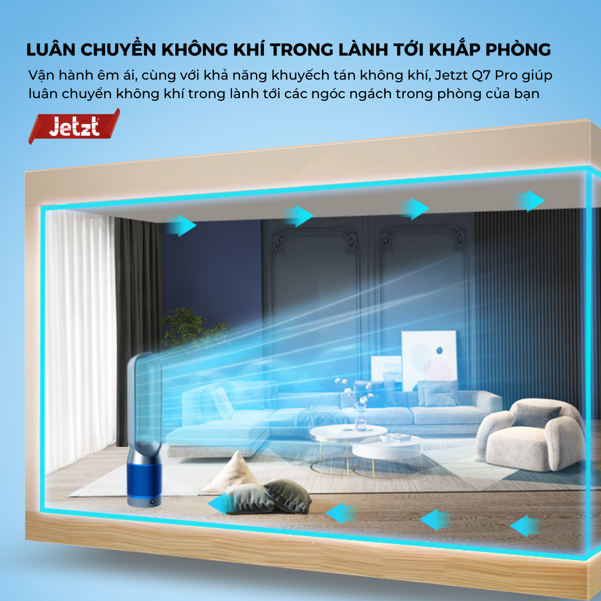 Quạt không cánh tích hợp máy lọc không khí Jetzt Q7 (Xanh/ Vàng), hàng chính hãng