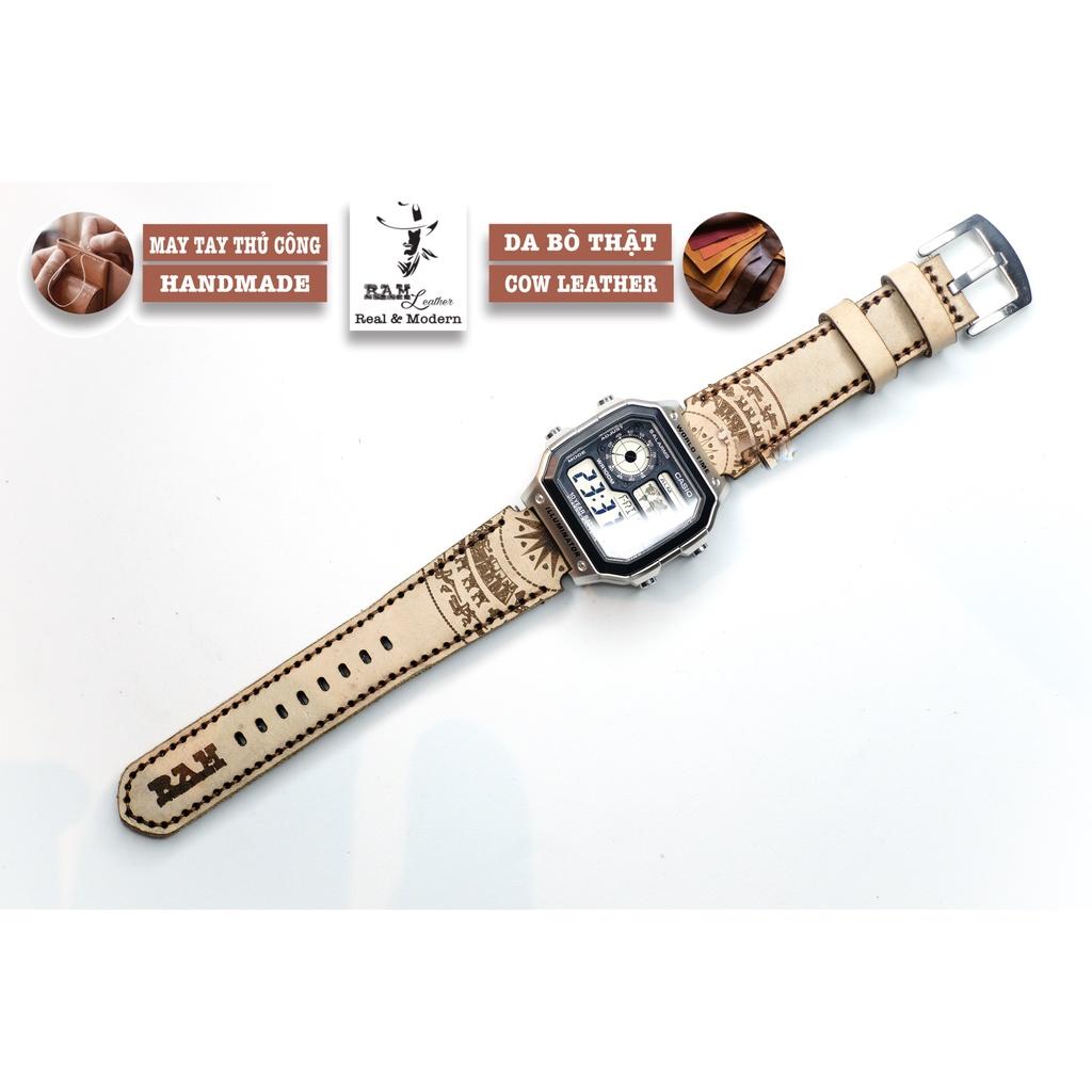 Dây đồng hồ trống đồng da bò thảo mộc vegtan trắng tinh khôi handmade bền chắc - chính hãng RAM Leather