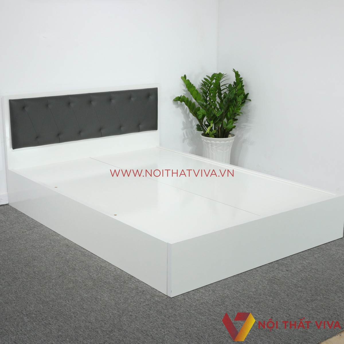 Giường Ngủ MDF Melamine Màu Trắng Có Đầu Nệm Đen Đẹp Giá Rẻ
