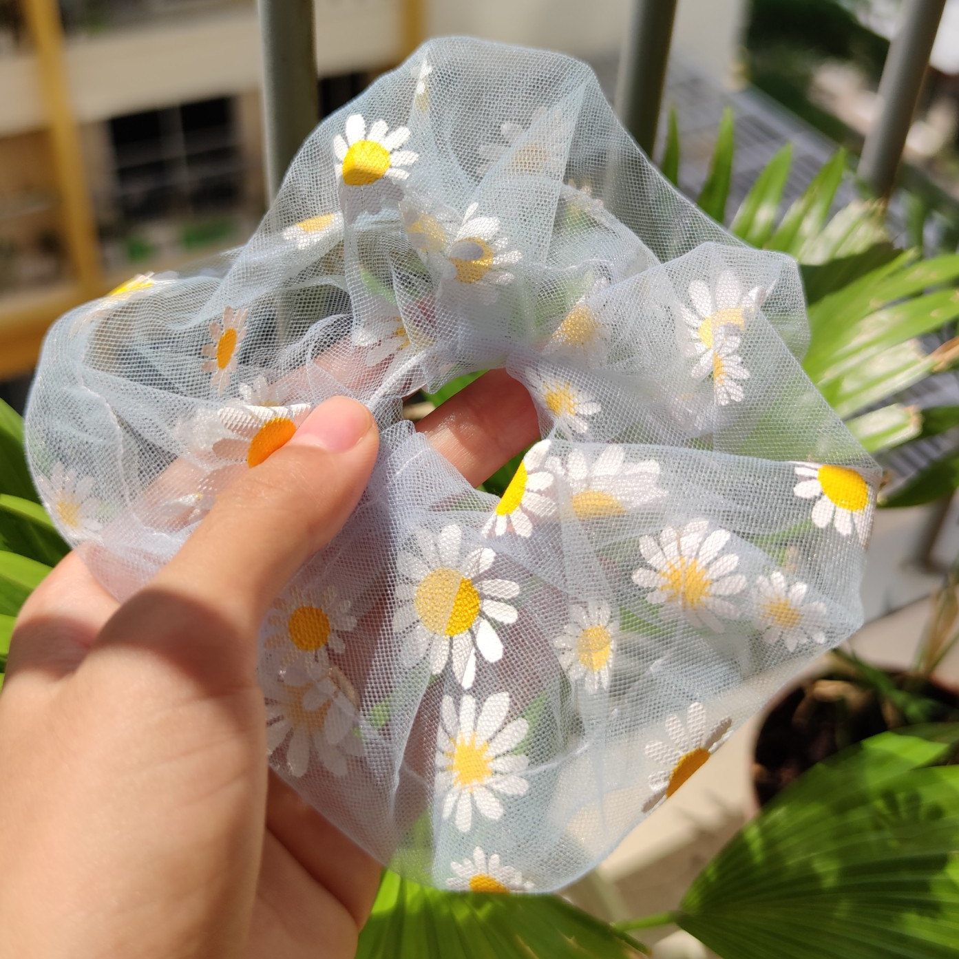 Scrunchies hoạ tiết hoa cúc - Dây cột tóc vải lưới hoa cúc in