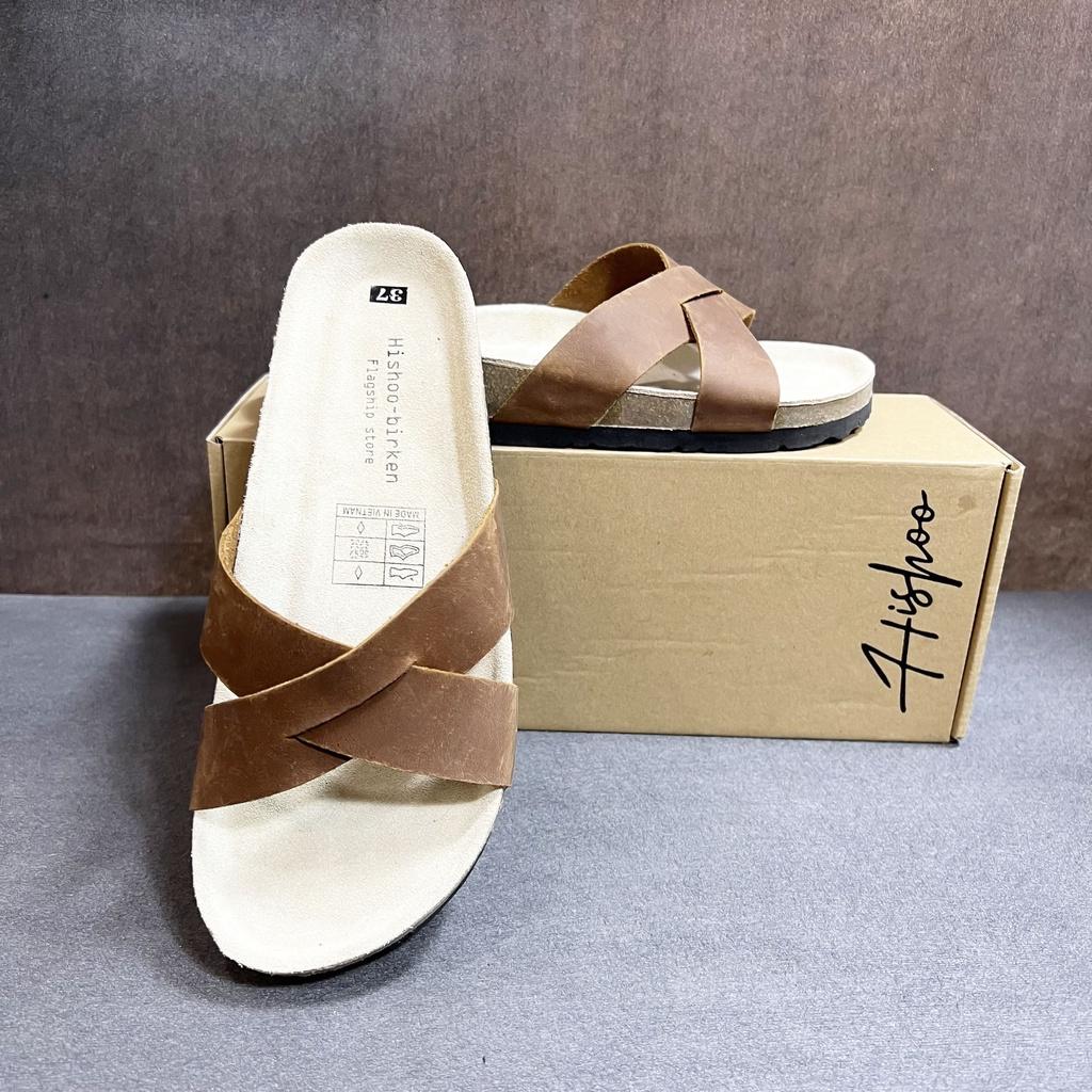 Dép đế trấu birken da bó sáp nam nữ unisex quai ngang chéo bigsize 35 - 43 chính hãng Hishoo S107