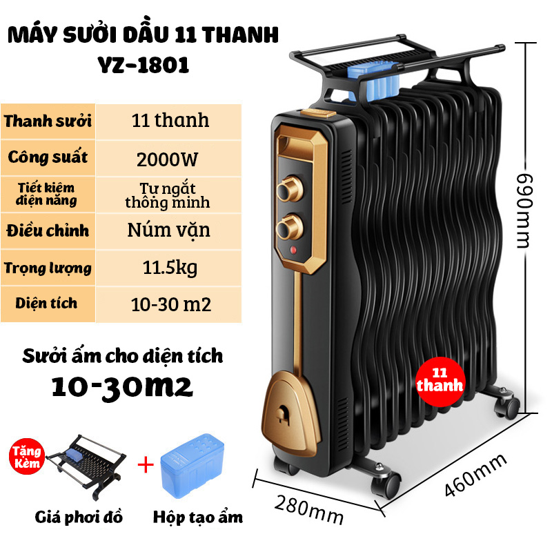 Máy sưởi dầu 9 thanh  làm ấm tự nhiên kèm giá phơi làm ấm phòng 10-20m2