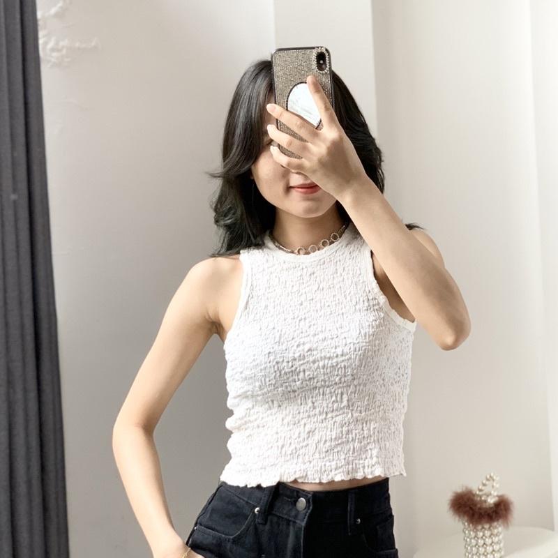 Áo ba lỗ nữ croptop dáng ôm body chất xốp nhăn co dãn 4 chiều hàng Quảng Châu cao cấp