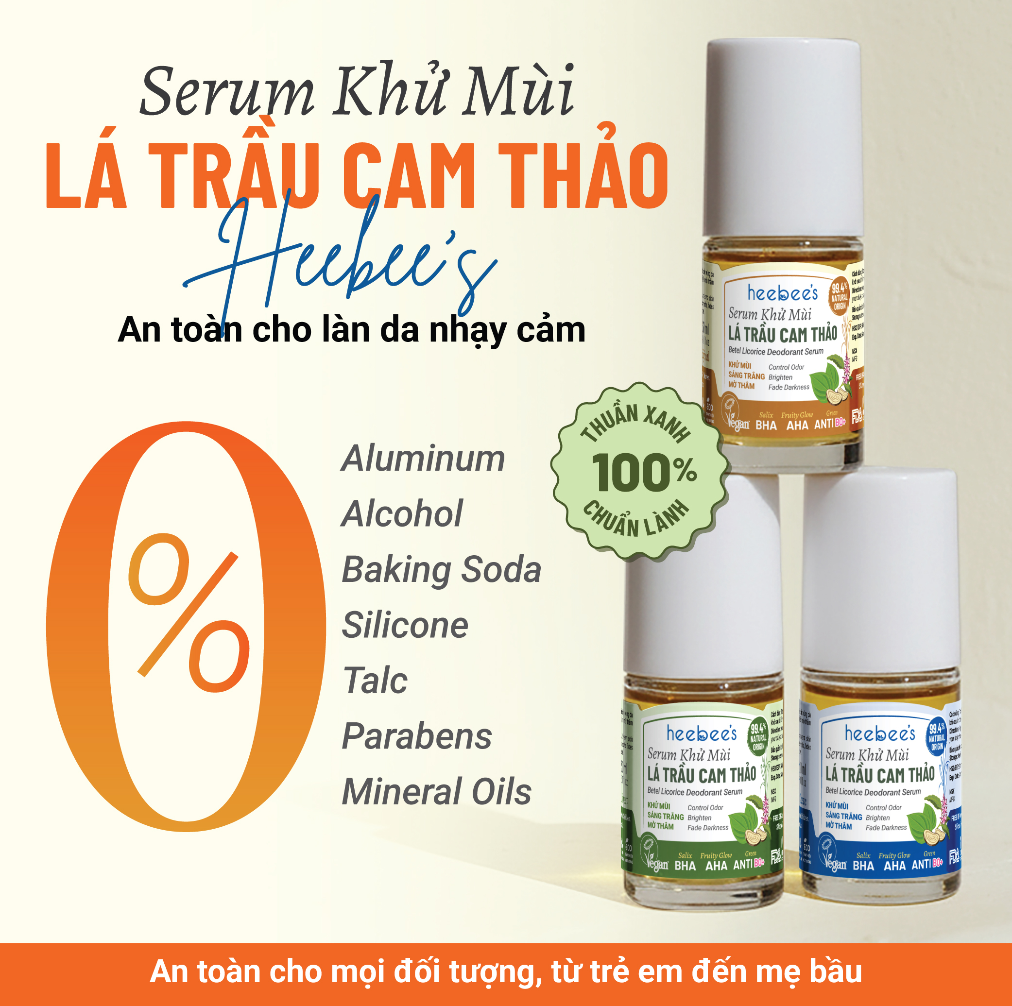 Serum Khử Mùi Thảo Dược Thuần Chay Lá Trầu Cam Thảo Heebee’s Lăn Khử Mùi, Sáng Mịn, Mờ Thâm, Ngăn Mùi 12H 30ml