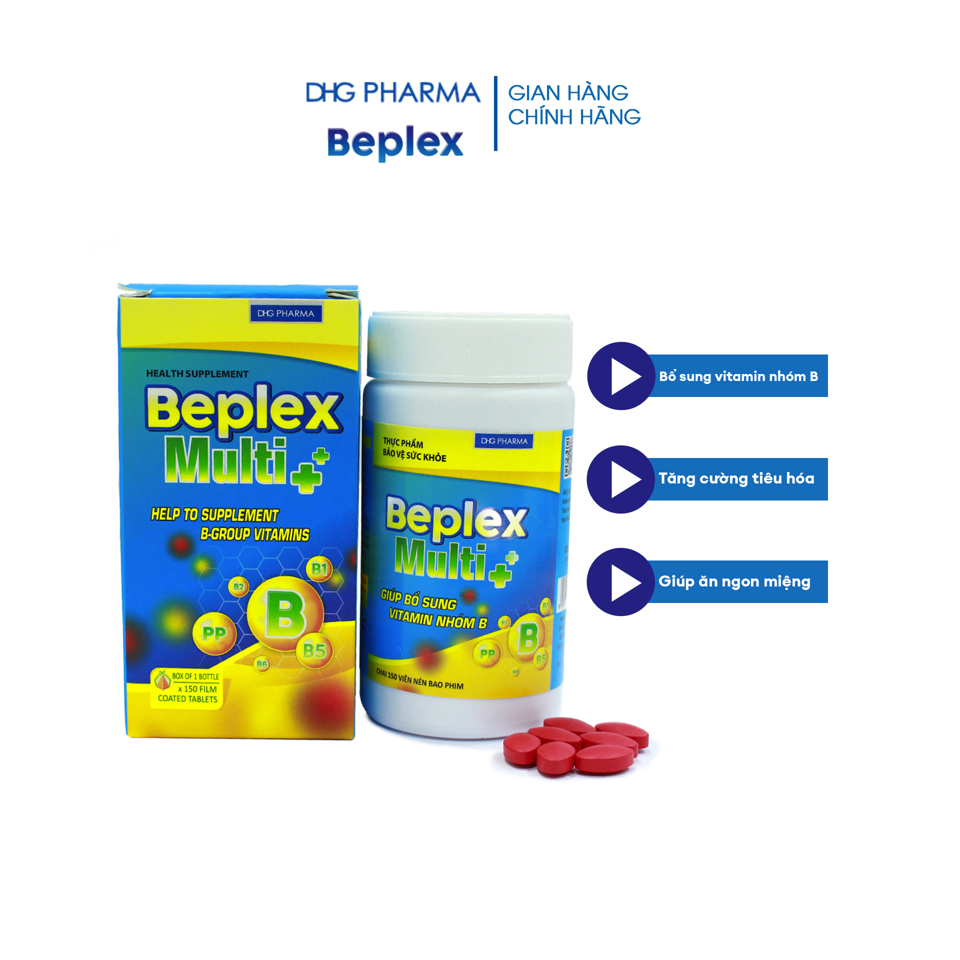 TPCN Beplex Giúp bổ sung vitamin nhóm B cho cơ thể, hỗ trợ giúp tăng cường tiêu hóa, giúp ăn ngon miệng, cải thiện tình trạng thiếu hụt vitamin nhóm B Chai 150 viên - Chính hãng DHG Pharma