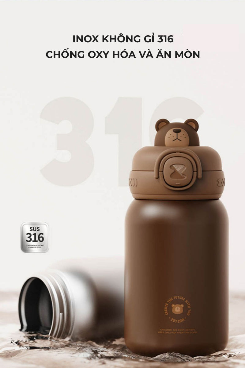 Bình nước giữ nhiệt cho bé Zoyzoii E8 có túi đựng Thermos cup, chất liệu inox 316 cao cấp, nắp chống rò nước an toàn, hình thú đáng yêu - Hàng chính hãng