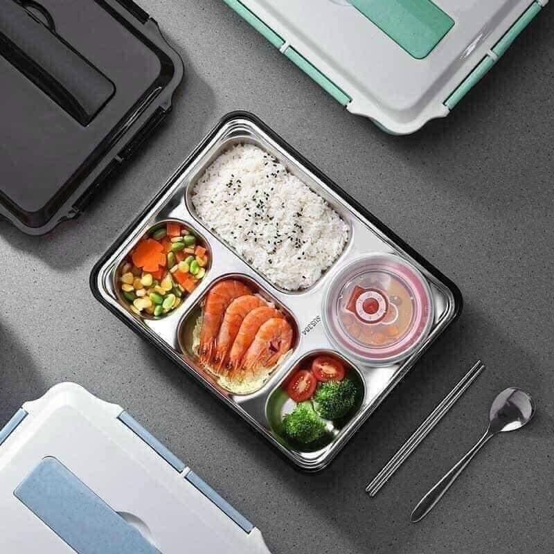 Khay cơm inox 5 ngăn sâu lòng có nắp đựng giữ nhiệt cầm tay tiện ích