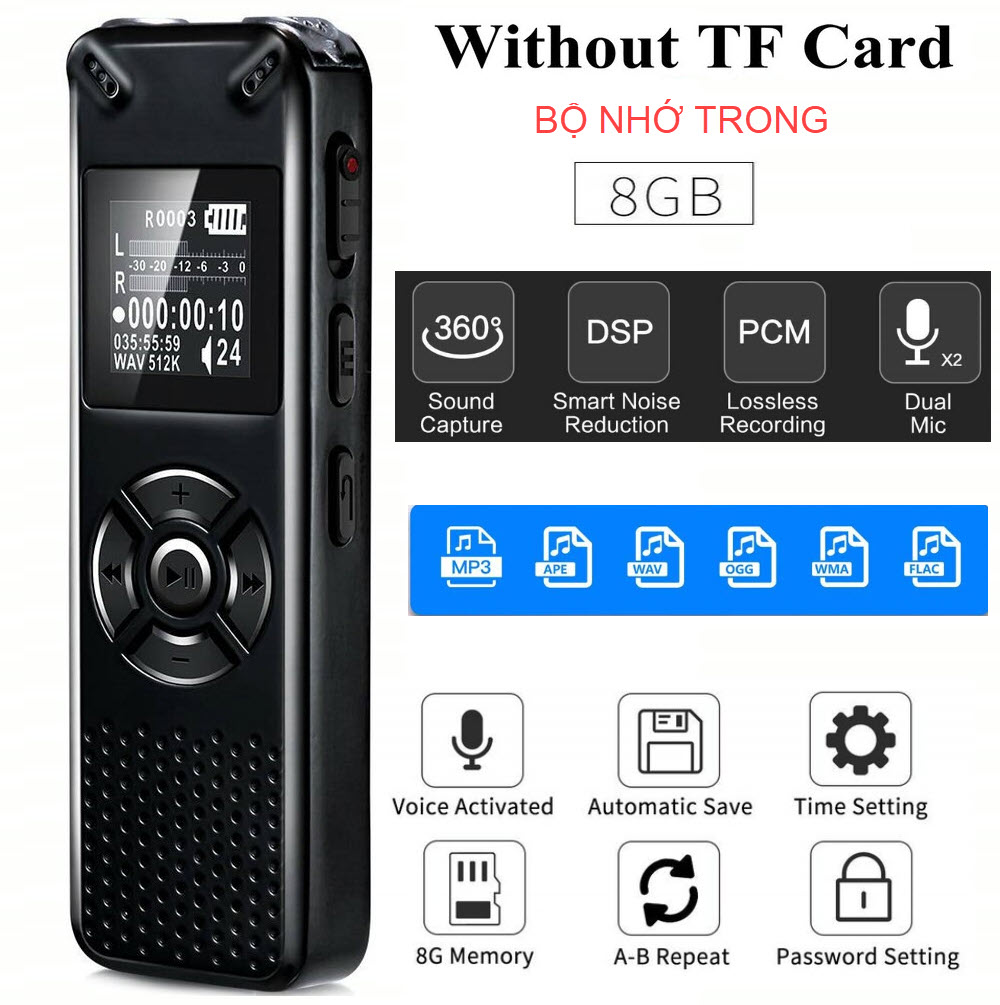 ROGTZ - Máy Ghi Âm Chuyên Nghiệp V91 Chip Xử Lý ATJ21275 Bộ nhớ 8Gb Loa ngoài Mic Thu Âm Kép Định dạng Nhiều chế độ ghi âm Ghi MP3/Wav Hỗ trợ Thẻ Nhớ Ngoài Màn hình LCD Pin 410mAh Thời gian Ghi 581 Giờ Mật Khẩu Bảo Vệ Hỗ trợ Đa Ngôn Ngữ - Hàng Chính Hãng